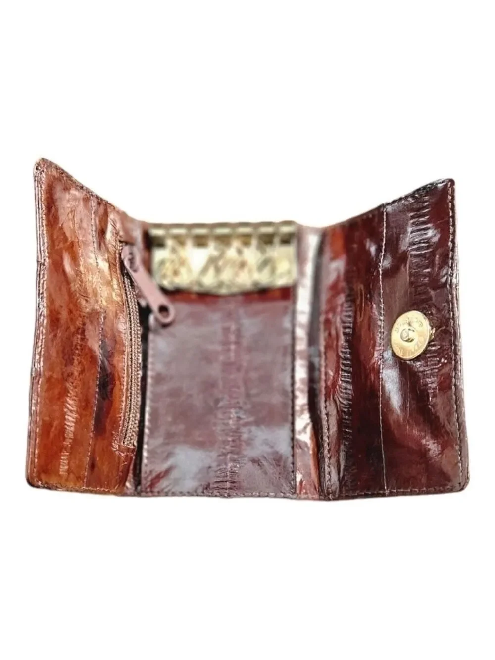 Genuine EEL Skin Leather Key Case Chain Brown Tri-Fold  Coin Pocket Wall…